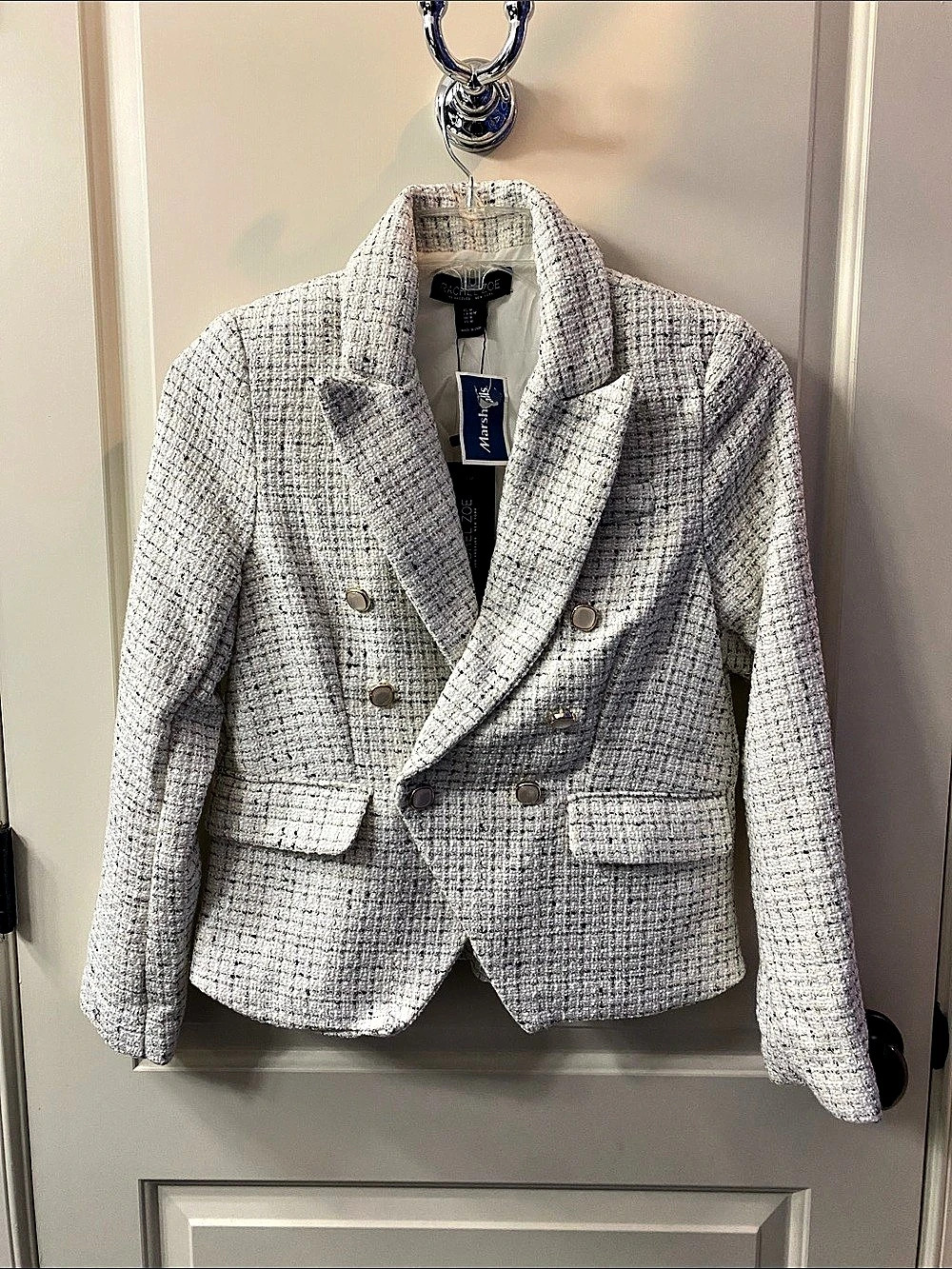 Rachel Zoe Tweed Double-Breasted Blazer in White & Black Size Medium